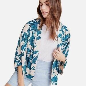 Anthropologie Teal and Cream Leaf Print Cardigan